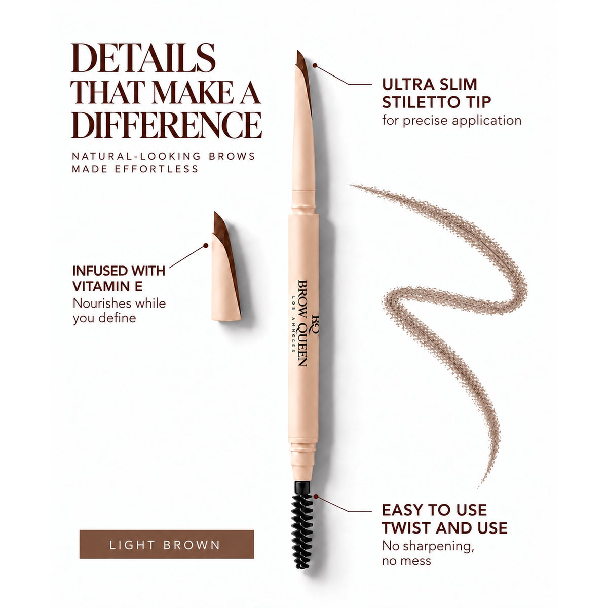 Light Brown Eyebrow Pencil infographic highlighting the ultra-slim stiletto tip, vitamin E-infused formula, and twist-up, no-sharpening design.
