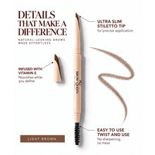 Light Brown Eyebrow Pencil infographic highlighting the ultra-slim stiletto tip, vitamin E-infused formula, and twist-up, no-sharpening design.