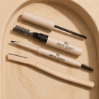 Brow grooming products including a brow pencil and brow brush on a beige background.