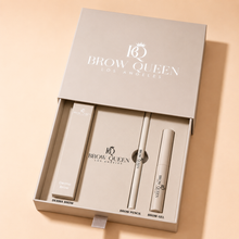 Brow Queen Los Angeles eyebrow grooming kit with products inside a branded box on a beige background