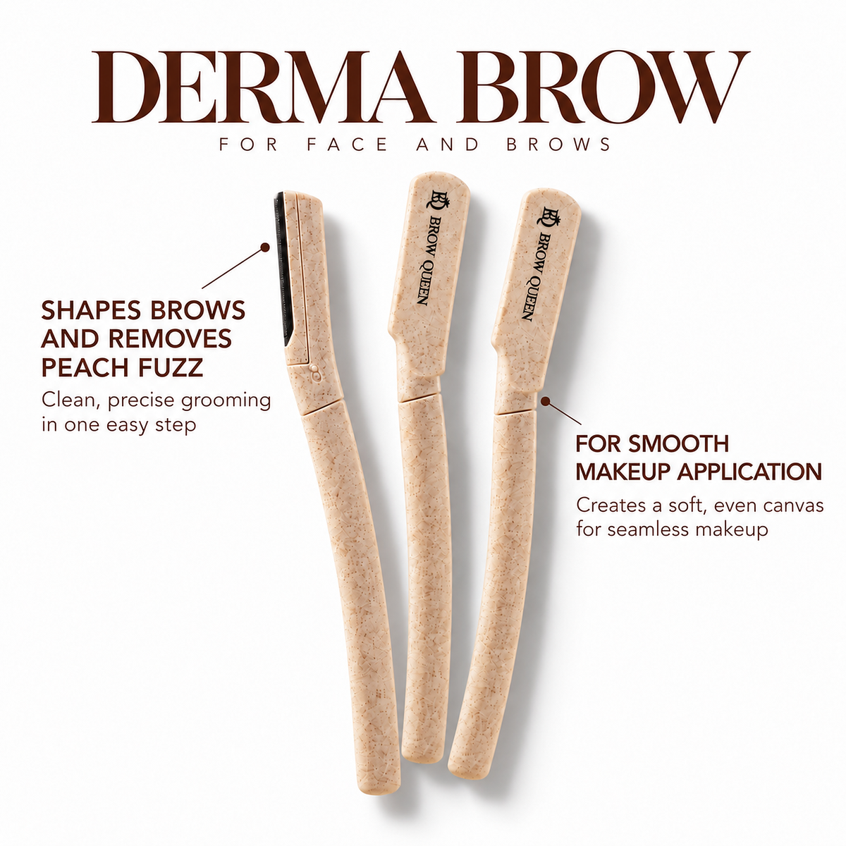 Dermaplaning tool infographic showing how it shapes brows, removes peach fuzz, and preps skin for smooth makeup application.