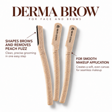 Dermaplaning tool infographic showing how it shapes brows, removes peach fuzz, and preps skin for smooth makeup application.