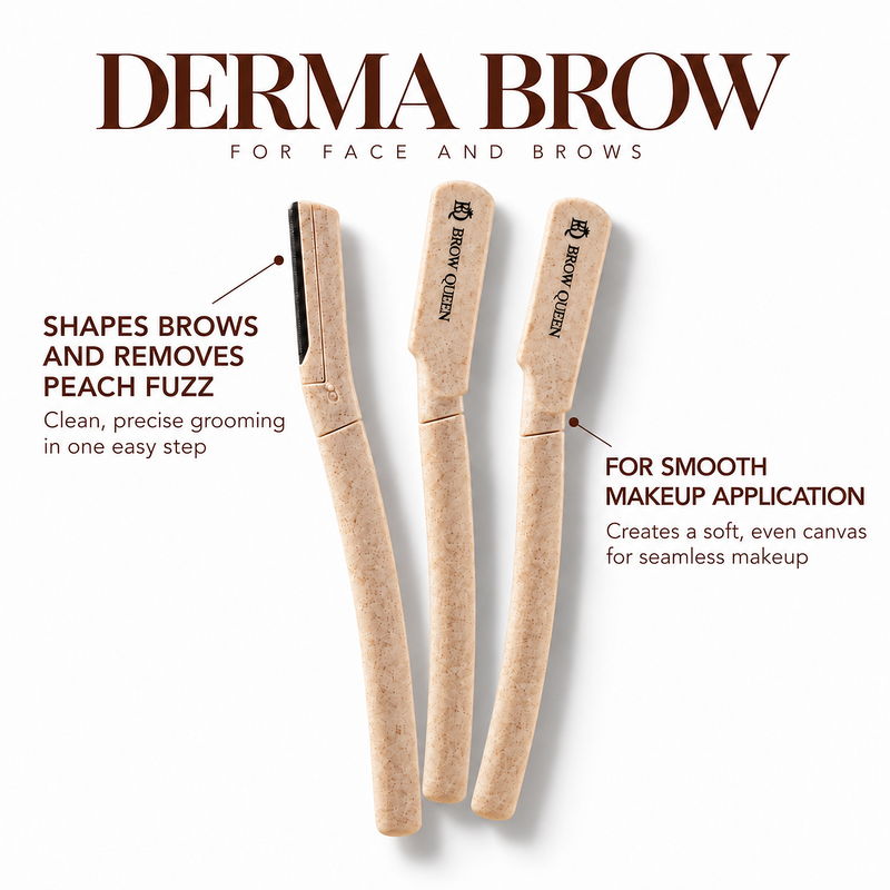 Dermaplaning tool infographic showing how it shapes brows, removes peach fuzz, and preps skin for smooth makeup application.