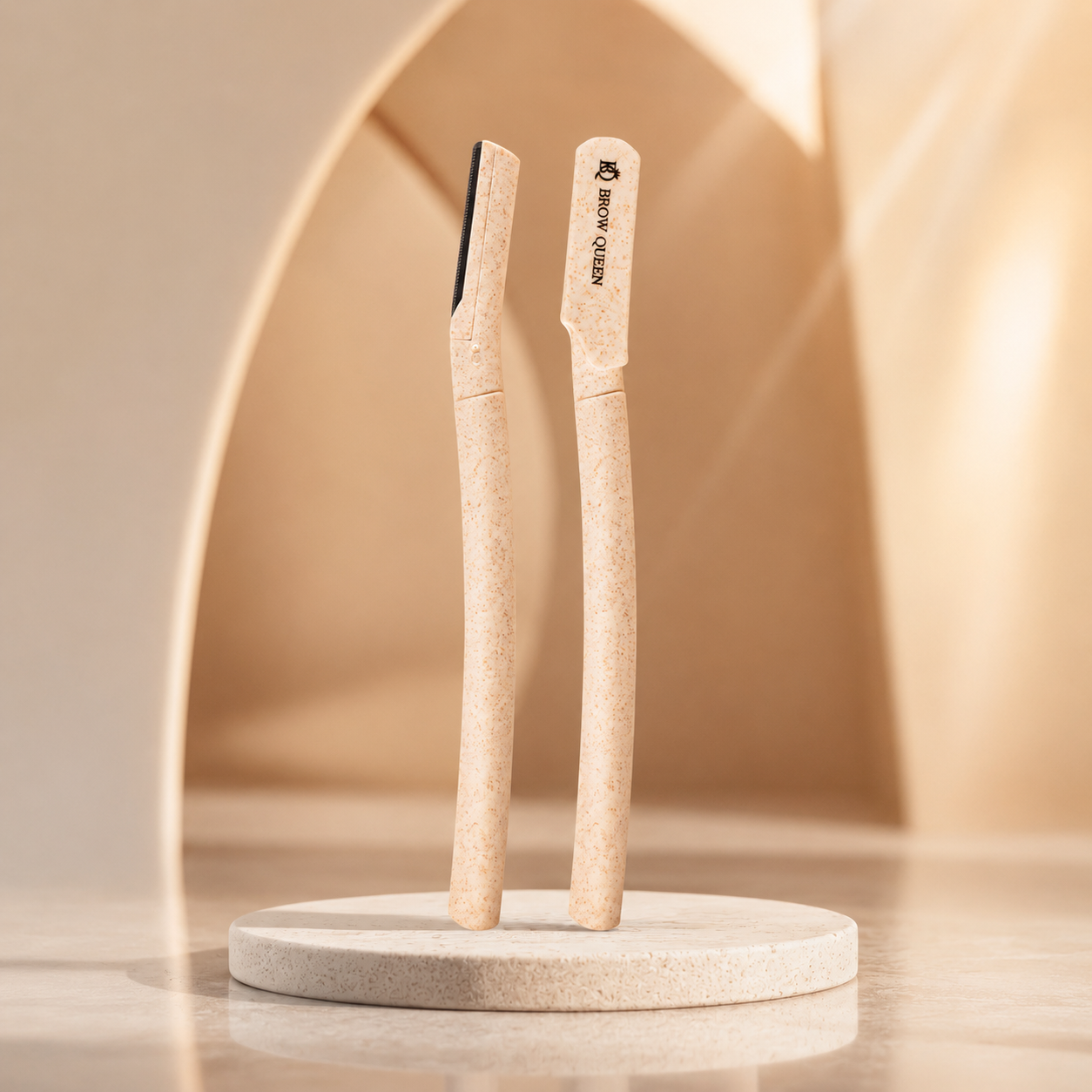 Two wooden brushes on a white stand against a beige background