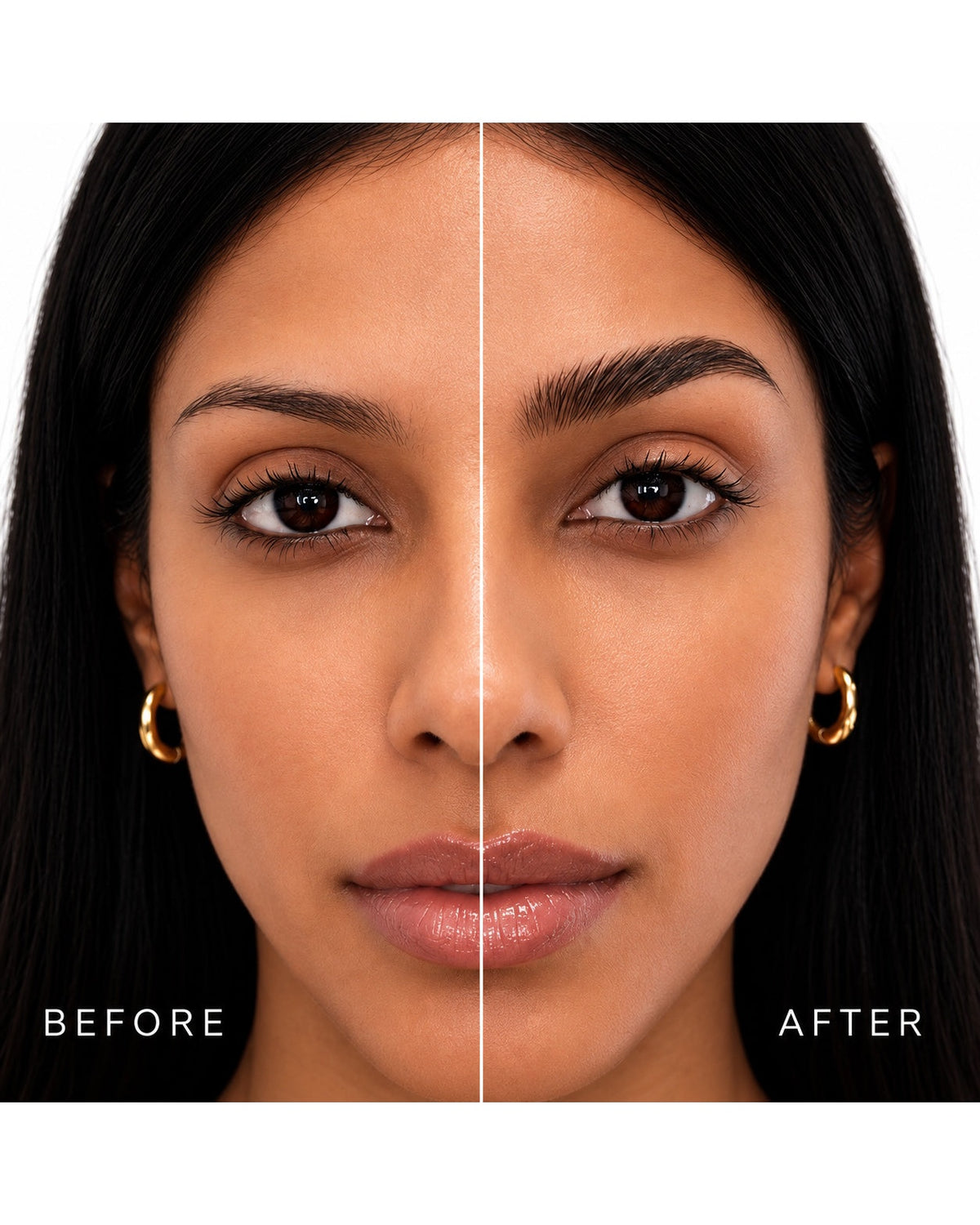 Before-and-after comparison showing fuller, more defined brows after using Brow Gel.