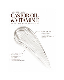 Brow Gel infographic highlighting the castor oil and vitamin E formula that nourishes and conditions brows.
