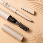Brow grooming kit with pencil, comb, and razor shape on a beige background