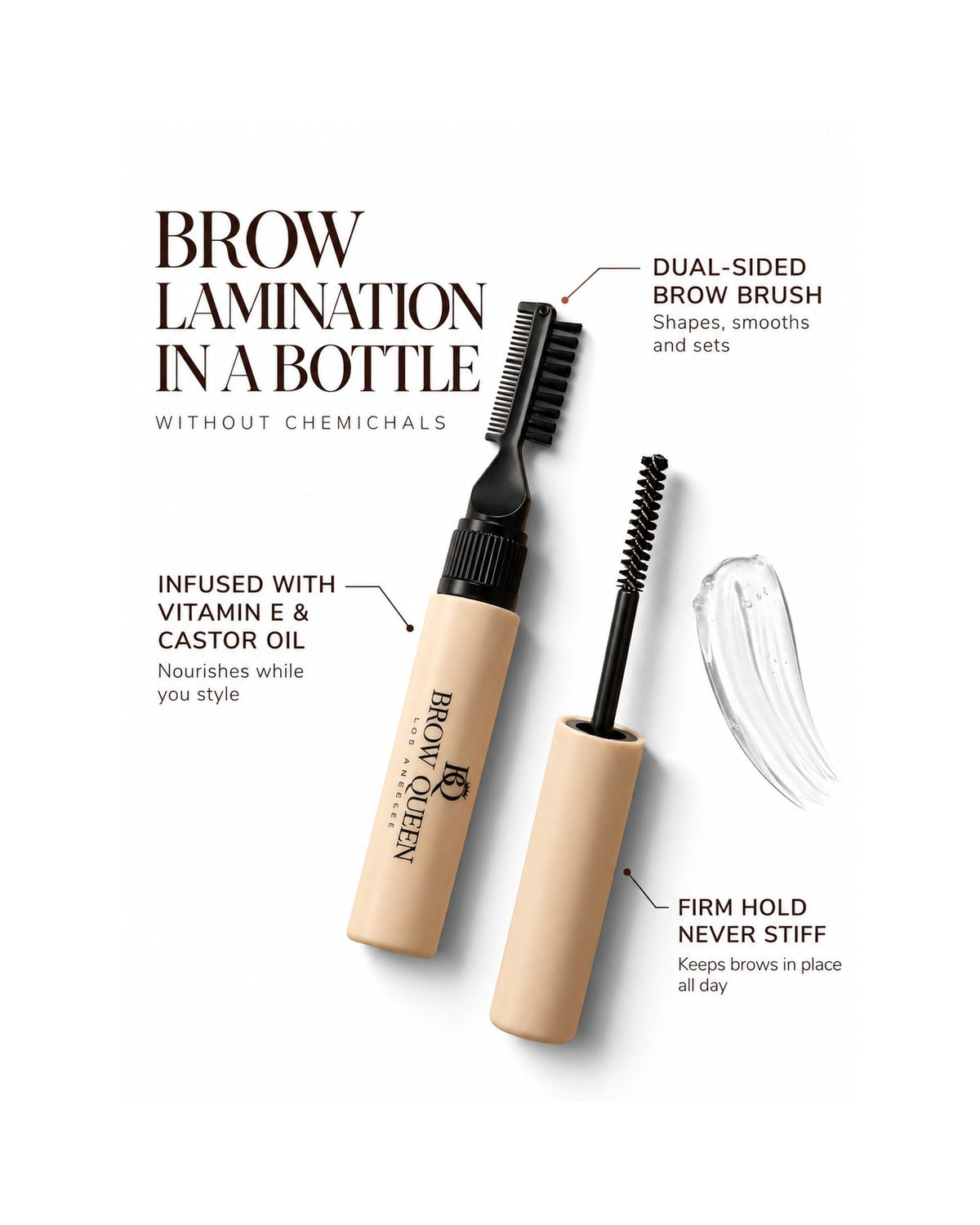 Brow Gel infographic showing the dual-sided brush, vitamin E and castor oil formula, and firm, flake-free hold.