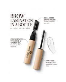 Brow Gel infographic showing the dual-sided brush, vitamin E and castor oil formula, and firm, flake-free hold.