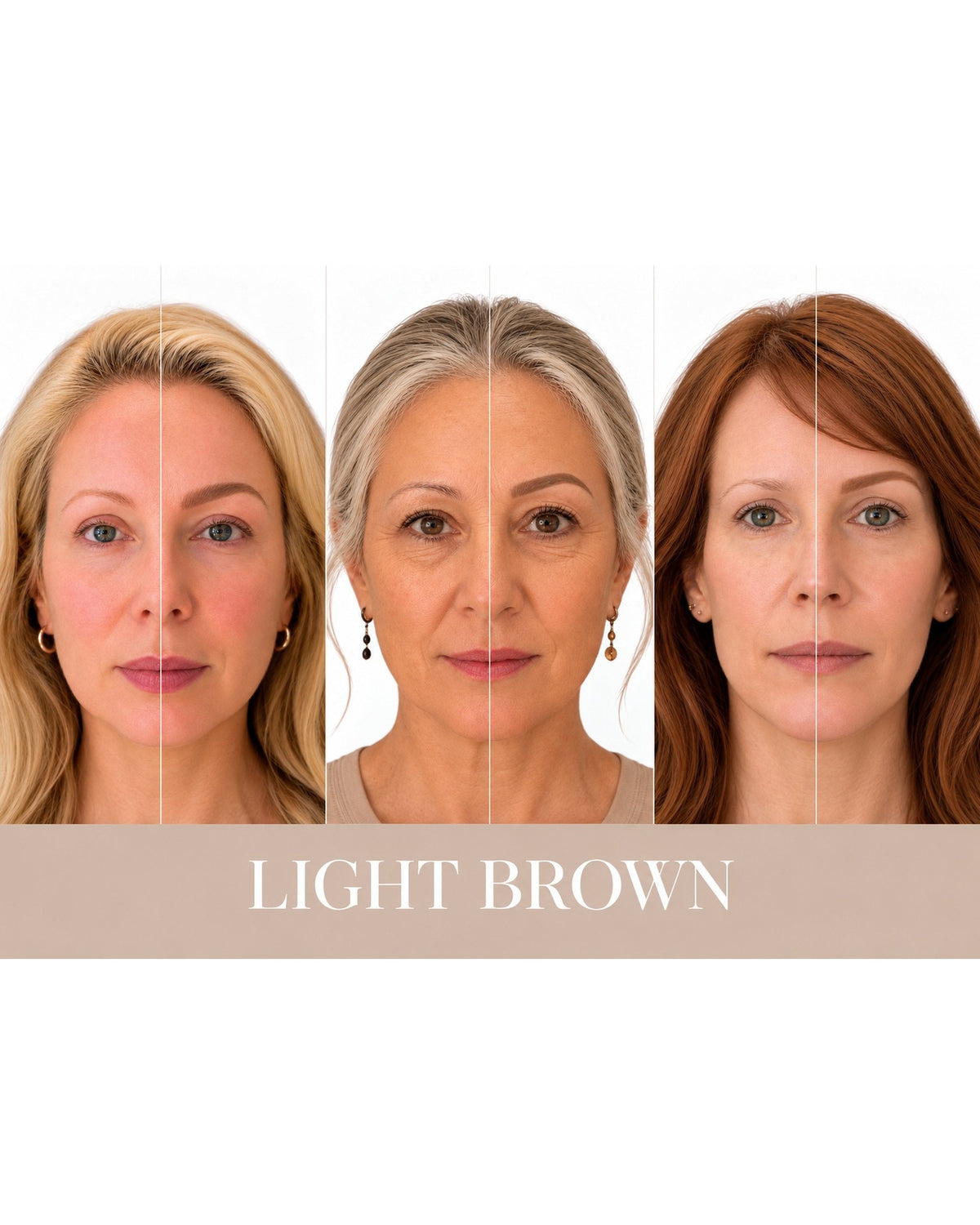 Three women with different skin tones showing how the Light Brown Eyerow Pencil shade suits a range of complexions