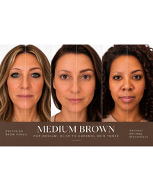 Medium Brown Eyebrow Pencil shade demonstrated on three different skin tones, showing a natural, filled-in brow finish.