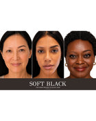 Soft Black Brow Pencil shade shown on three different skin tones, designed for dark brown to black hair.