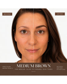 Before-and-after comparison showing brows filled with the Medium Brown Brow Pencil for a fuller, more defined shape.