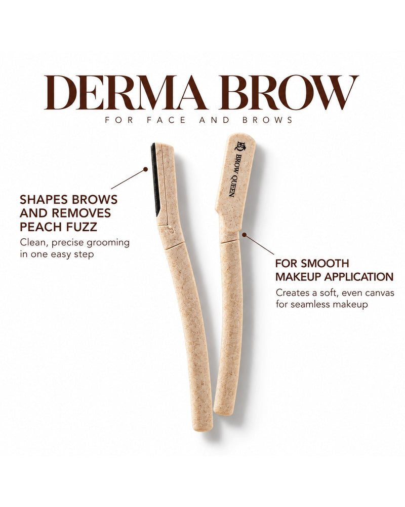 Dermaplaning tool infographic showing how it shapes brows, removes peach fuzz, and preps skin for smooth makeup application.